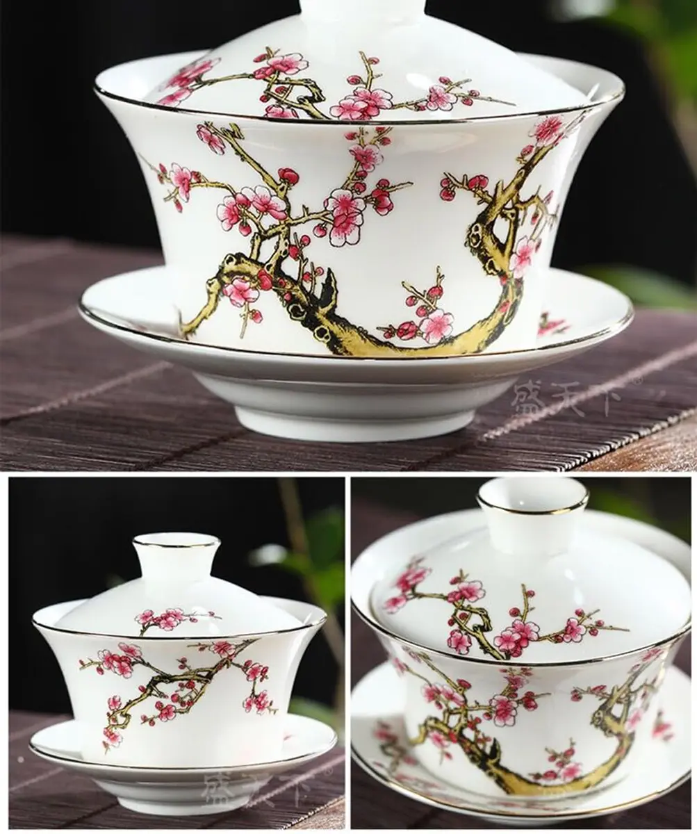 Eplze 10oz Ceramic Gaiwan with Embossed Plum Patterns | Elegant Chinese Tea Cup (300ml) - view 4