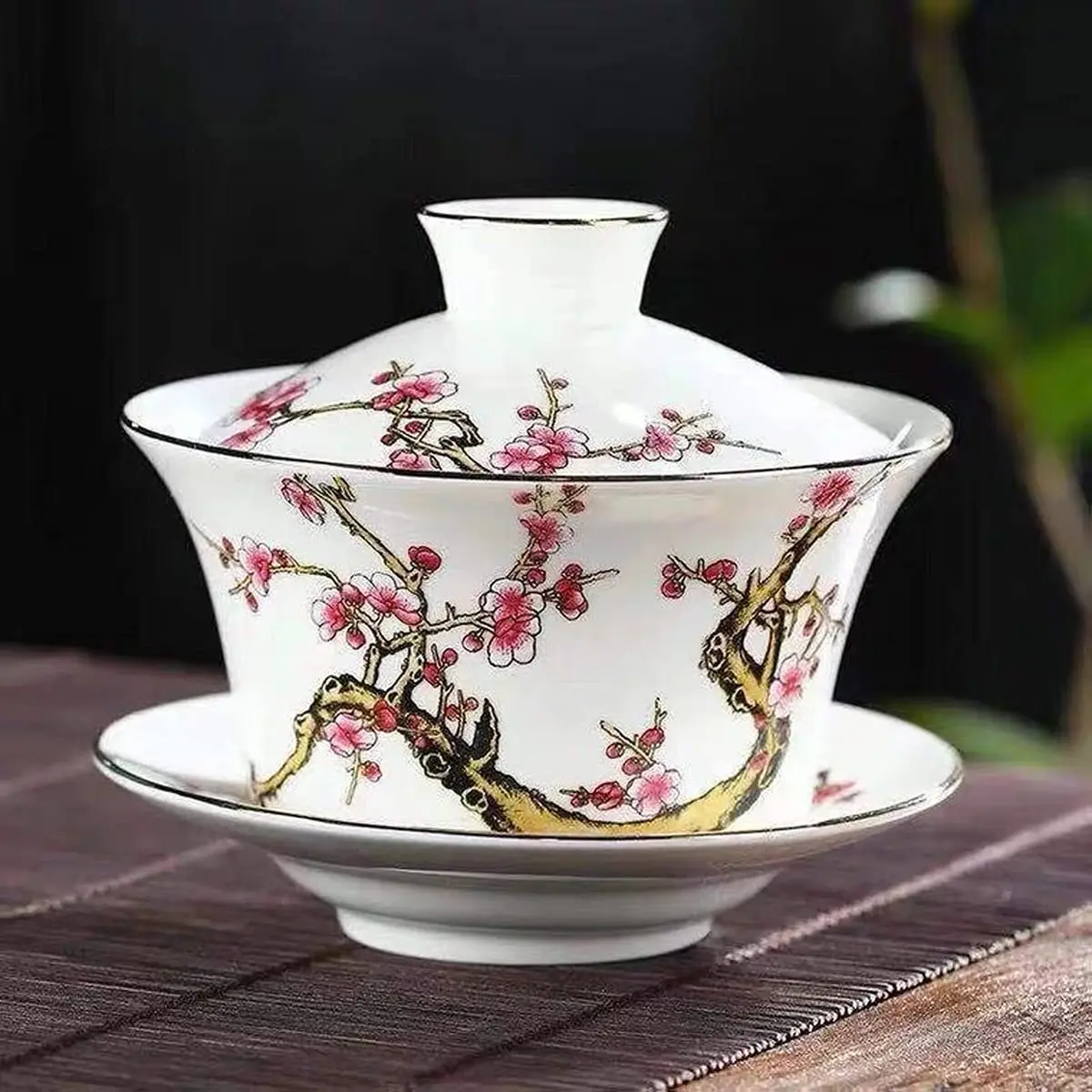 Eplze 10oz Ceramic Gaiwan with Embossed Plum Patterns | Elegant Chinese Tea Cup (300ml) - view 5