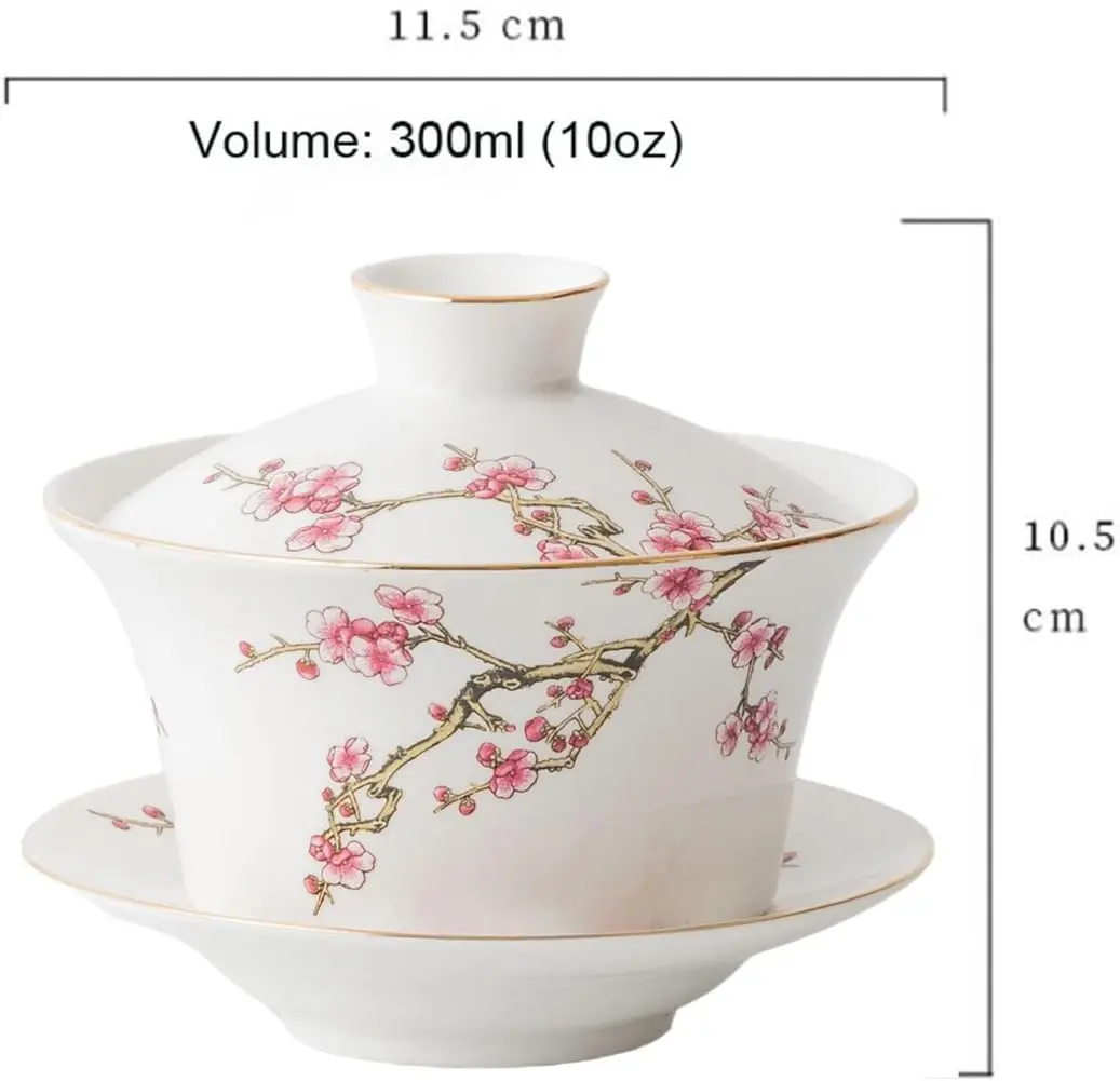 Eplze 10oz Ceramic Gaiwan with Embossed Plum Patterns | Elegant Chinese Tea Cup (300ml) - view 2