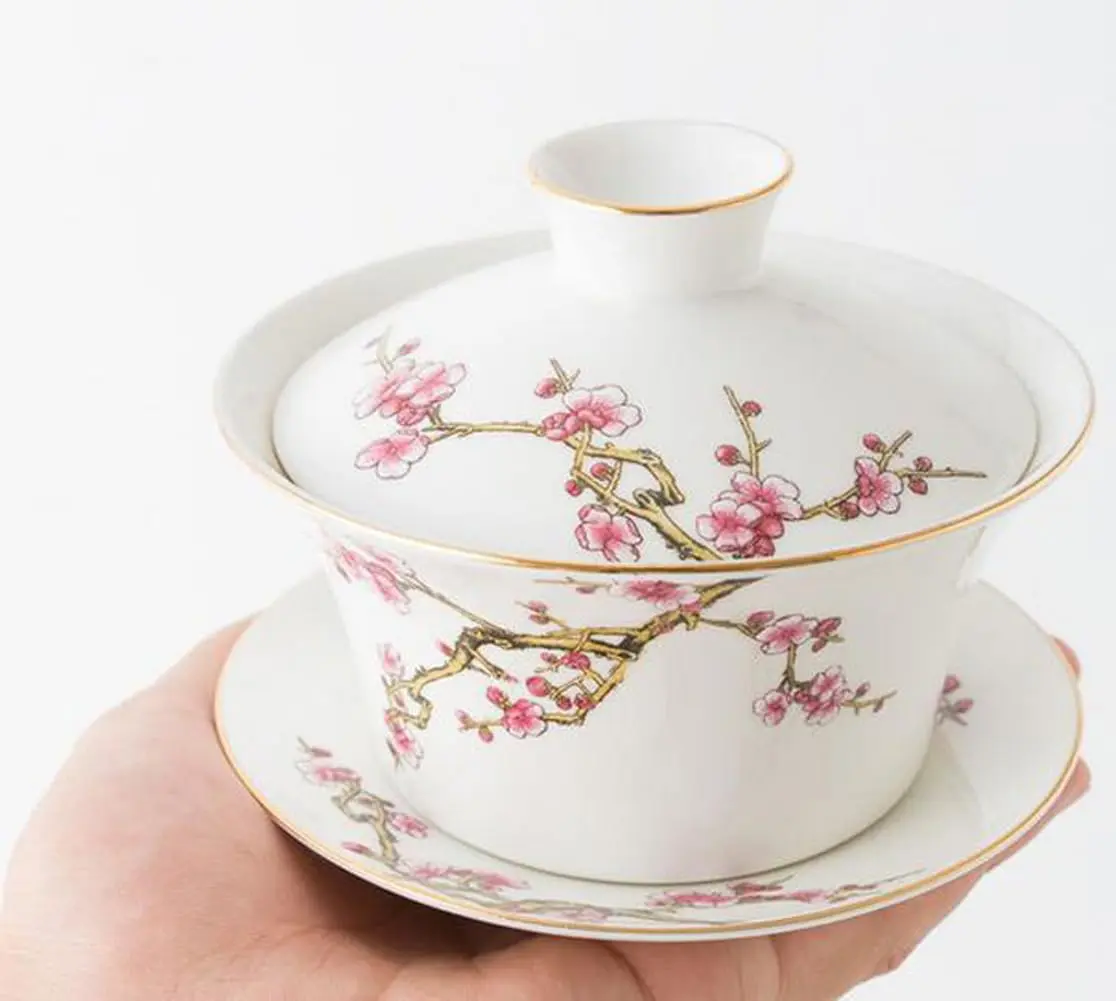 Eplze 10oz Ceramic Gaiwan with Embossed Plum Patterns | Elegant Chinese Tea Cup (300ml) - view 3