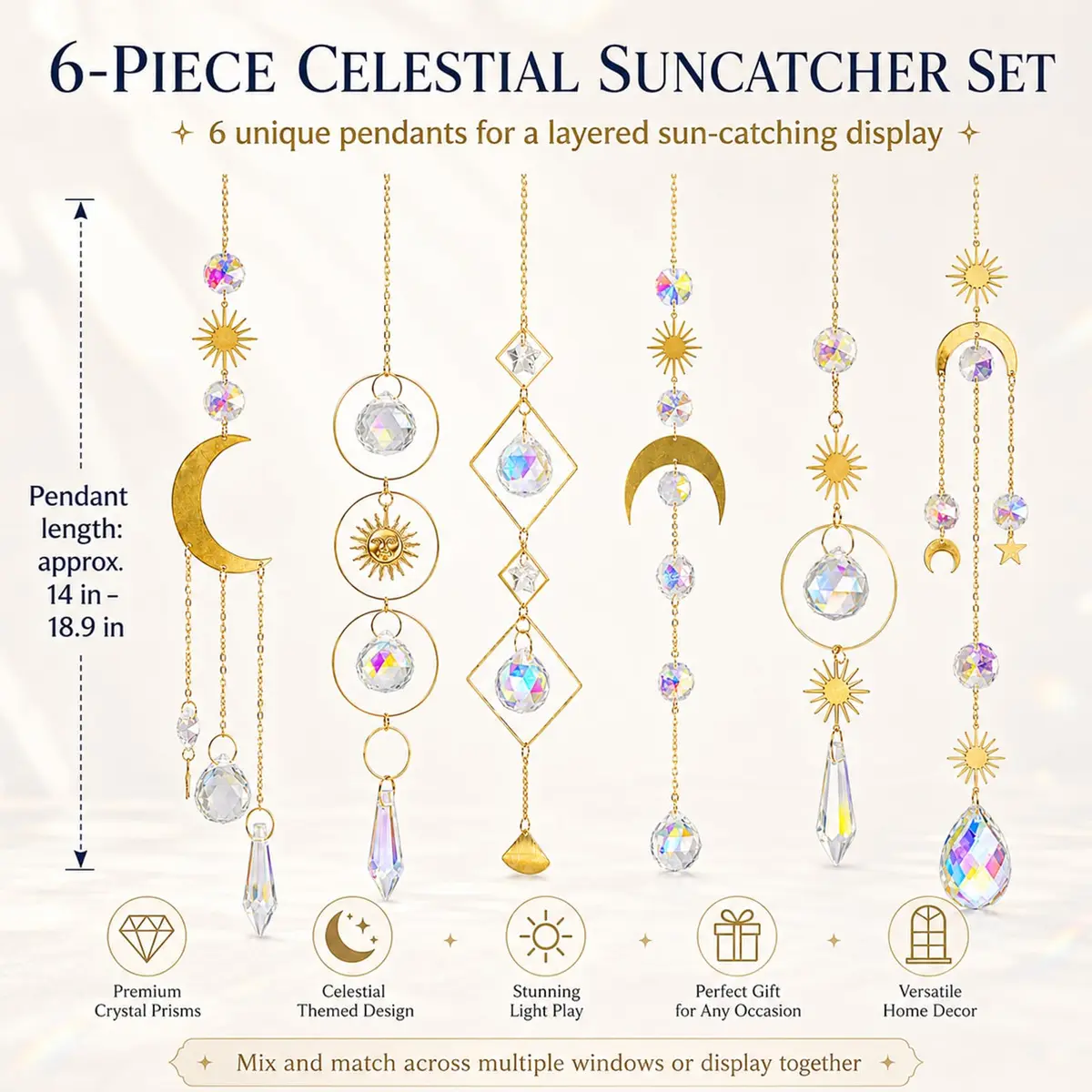 ilclviz 6Pieces Colorful Crystals Suncatcher Hanging Sun Catcher with Chain | Rainbow Rainbow Rainbow Rainbow Rainbow Rainbow - view 4