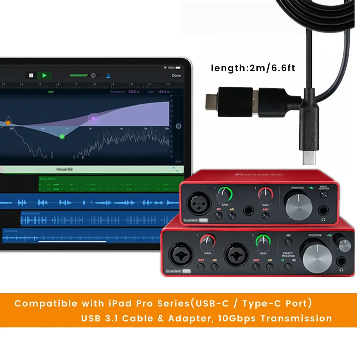 weishan USB C Cable for Focusrite Scarlett Solo 3rd 4th Gen, Scarlett 2i2 3rd Gen | 2m (6.6ft) USB-A to USB-C Data Transfer & 60W PD Charging - view 6
