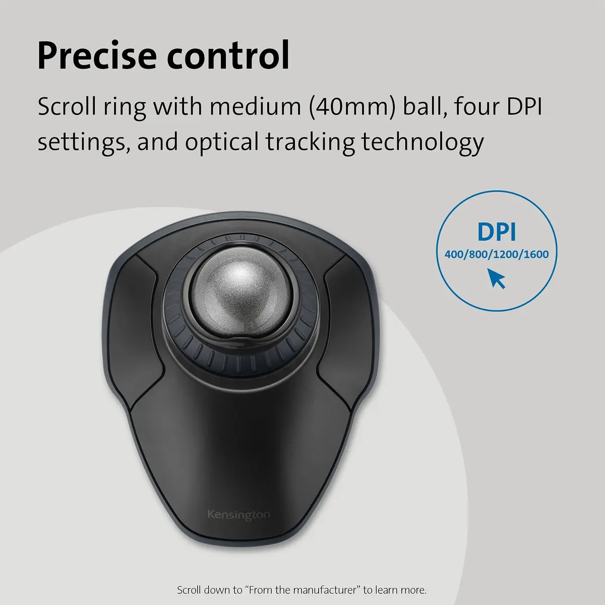 Kensington Orbit Wireless Trackball with Scroll Ring - Space Gray (K72675WW), Black/Grey | 1600 DPI Ergonomic Trackball Mouse - view 3