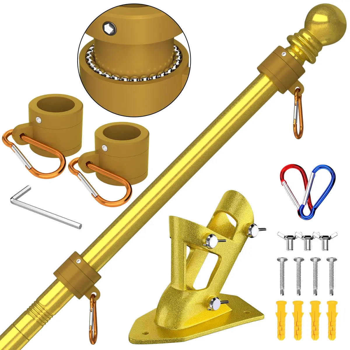 ZMTECH 6 FT Stainless Steel Flag Pole with Upgraded Bracket & Tangle-Free Rings | Adjustable Residential & Commercial Outdoor Use (Gold) - main product image