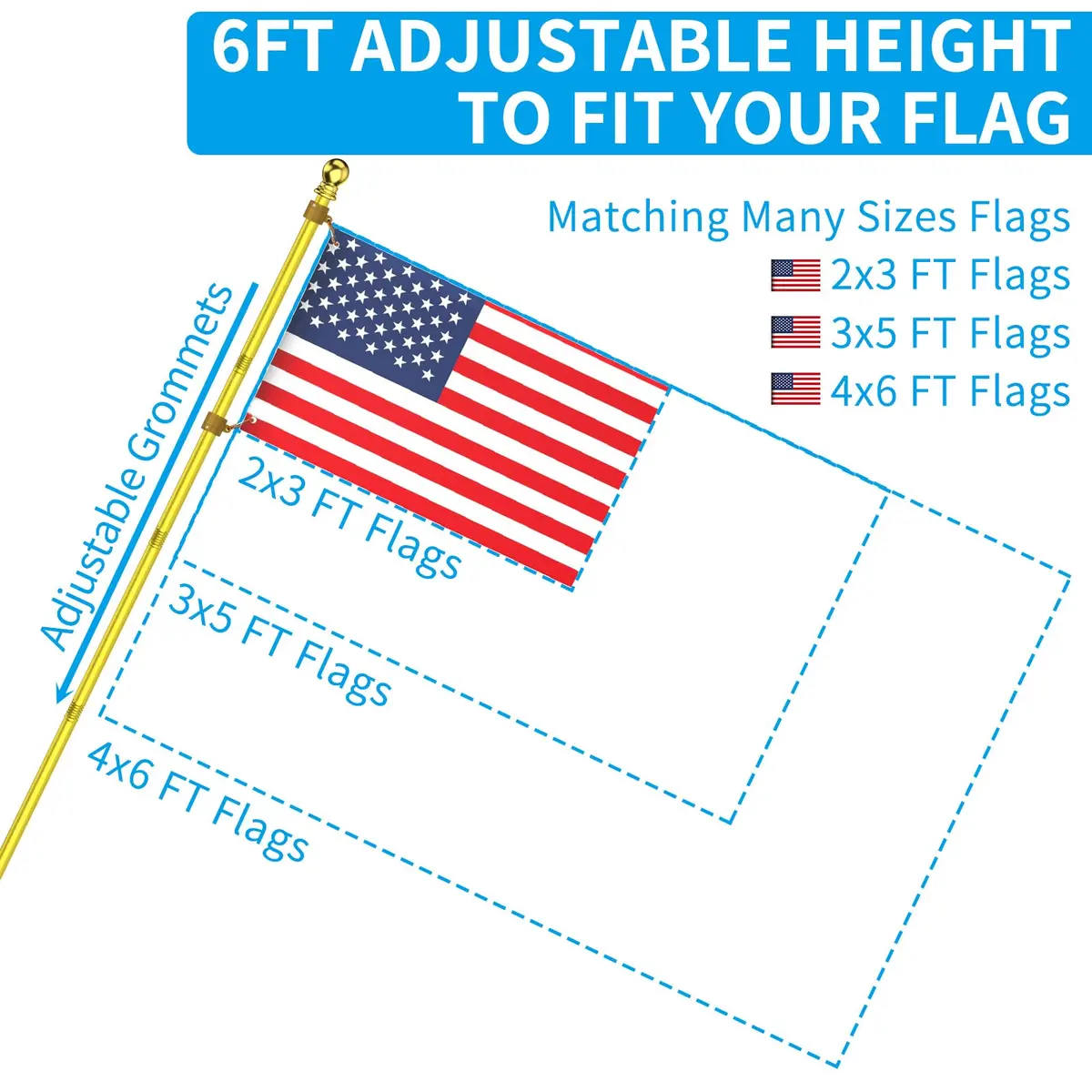 ZMTECH 6 FT Stainless Steel Flag Pole with Upgraded Bracket & Tangle-Free Rings | Adjustable Residential & Commercial Outdoor Use (Gold) - view 6