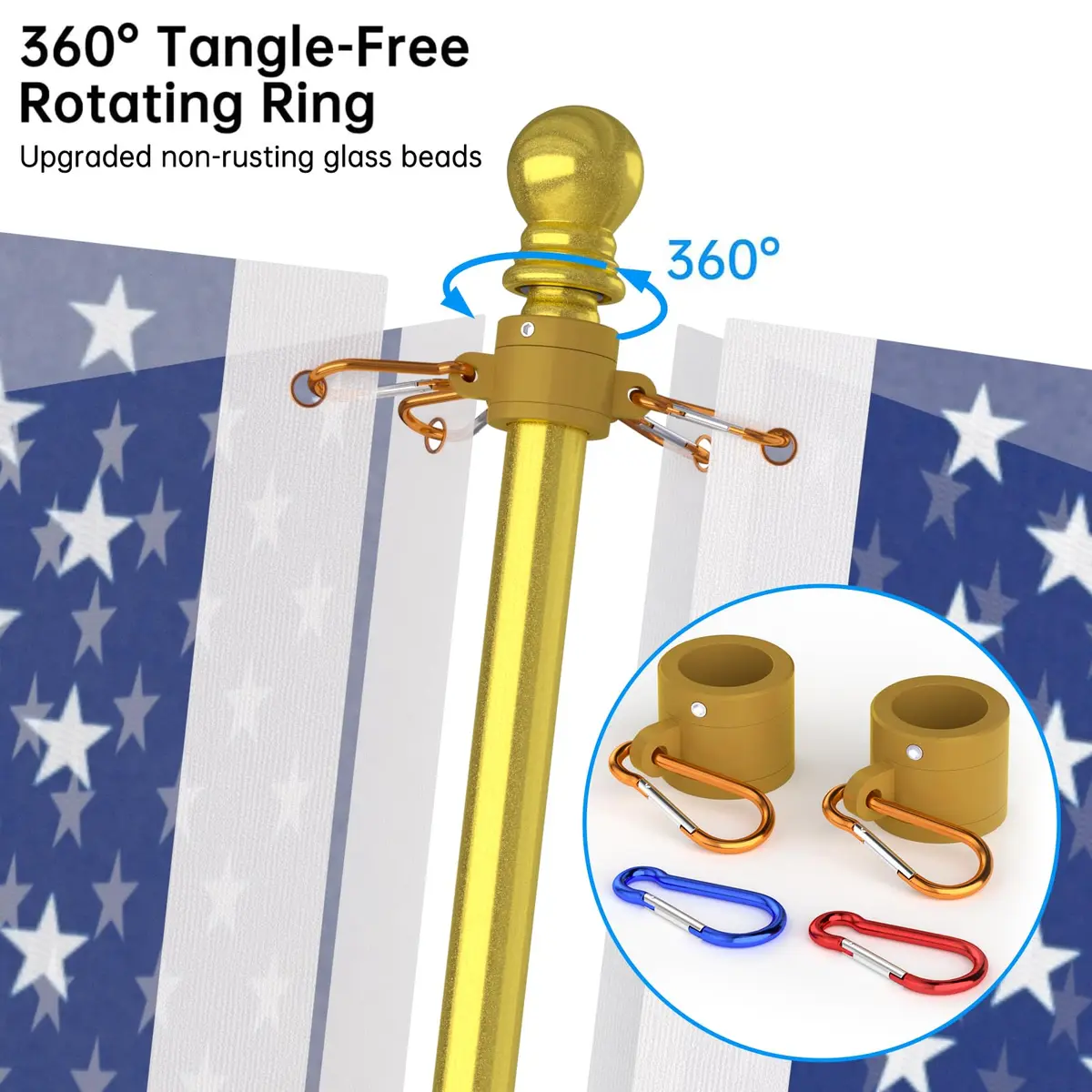 ZMTECH 6 FT Stainless Steel Flag Pole with Upgraded Bracket & Tangle-Free Rings | Adjustable Residential & Commercial Outdoor Use (Gold) - view 3
