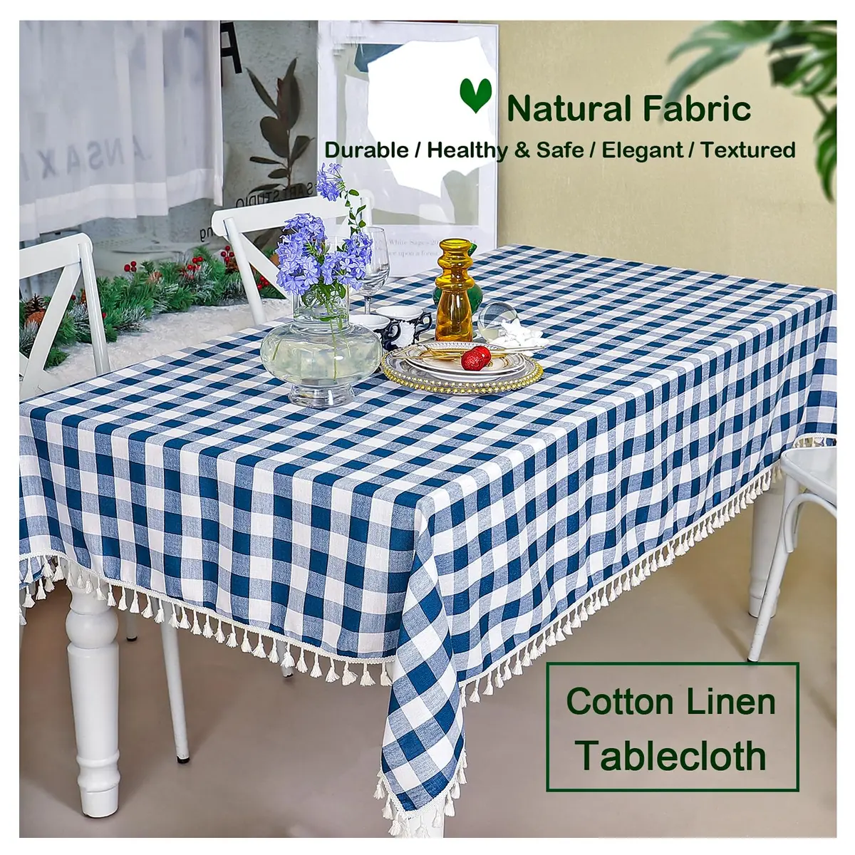 Midsummer Breeze Americana Navy Gingham Tablecloth Square 55”x55” | Farmhouse Checkered Cotton Blend - view 5
