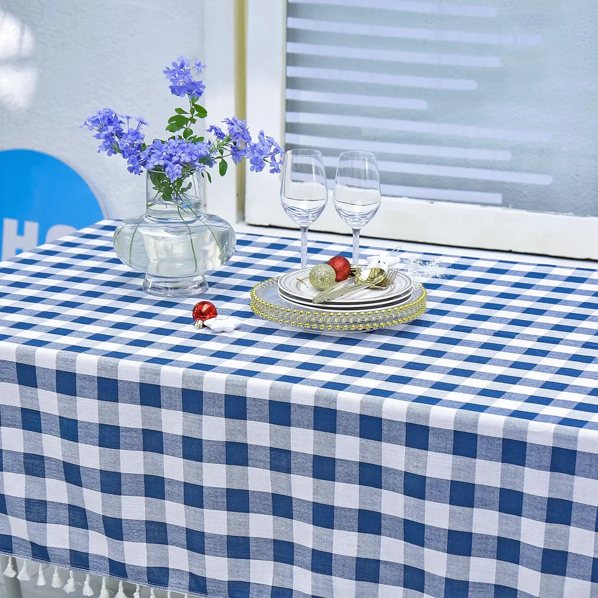 Midsummer Breeze Americana Navy Gingham Tablecloth Square 55”x55” | Farmhouse Checkered Cotton Blend - view 6