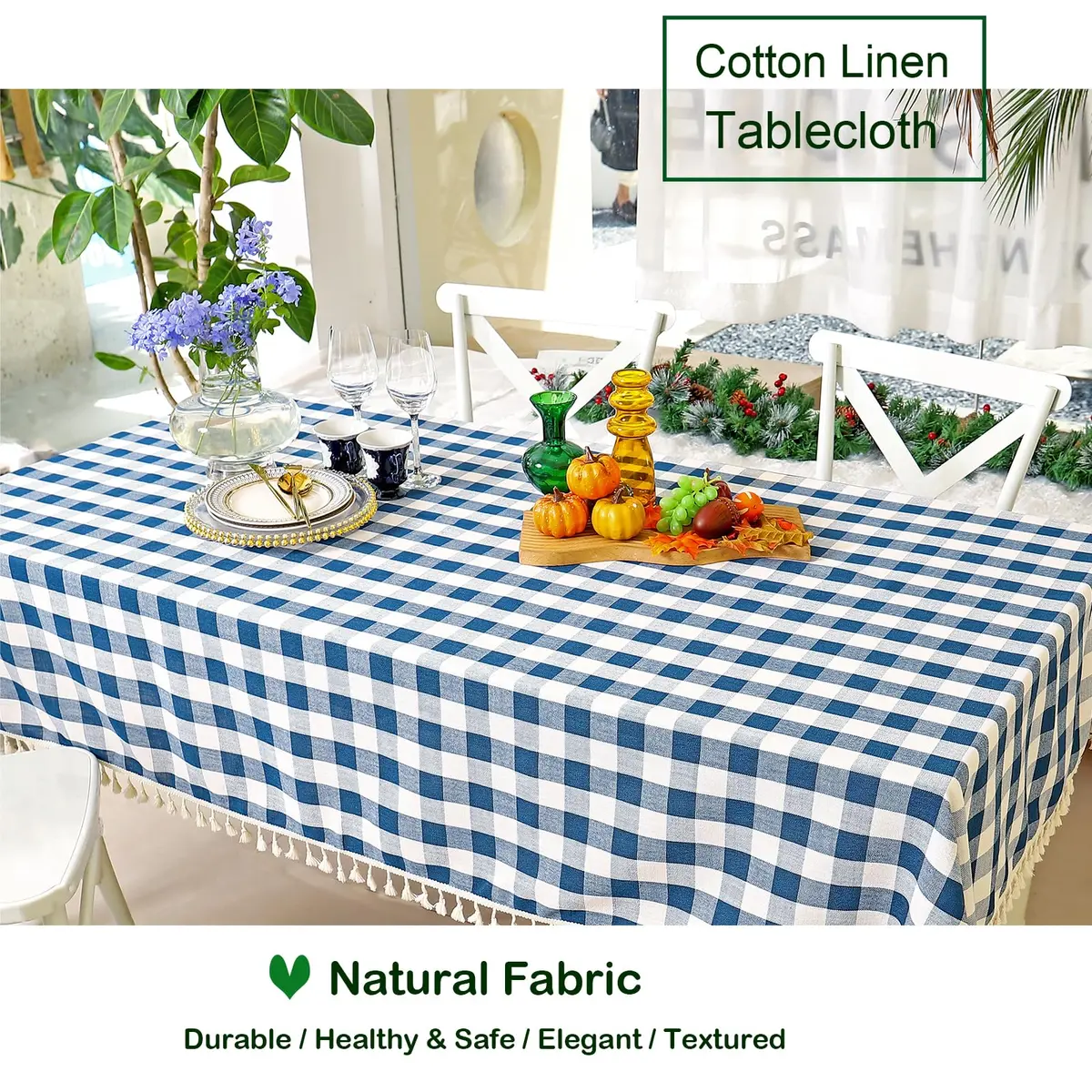 Midsummer Breeze Americana Navy Gingham Tablecloth Square 55”x55” | Farmhouse Checkered Cotton Blend - view 2