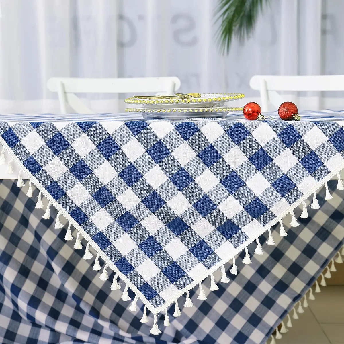 Midsummer Breeze Americana Navy Gingham Tablecloth Square 55”x55” | Farmhouse Checkered Cotton Blend - view 4