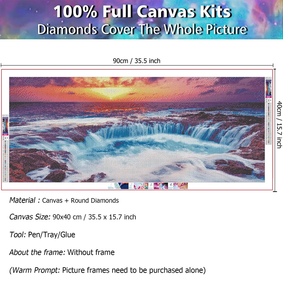 JATOK Sunset Waterfall Diamond Painting Kit for Adults, 90cm x 40cm (35.5 x 15.7 in) | Full Round Drill Art - view 3