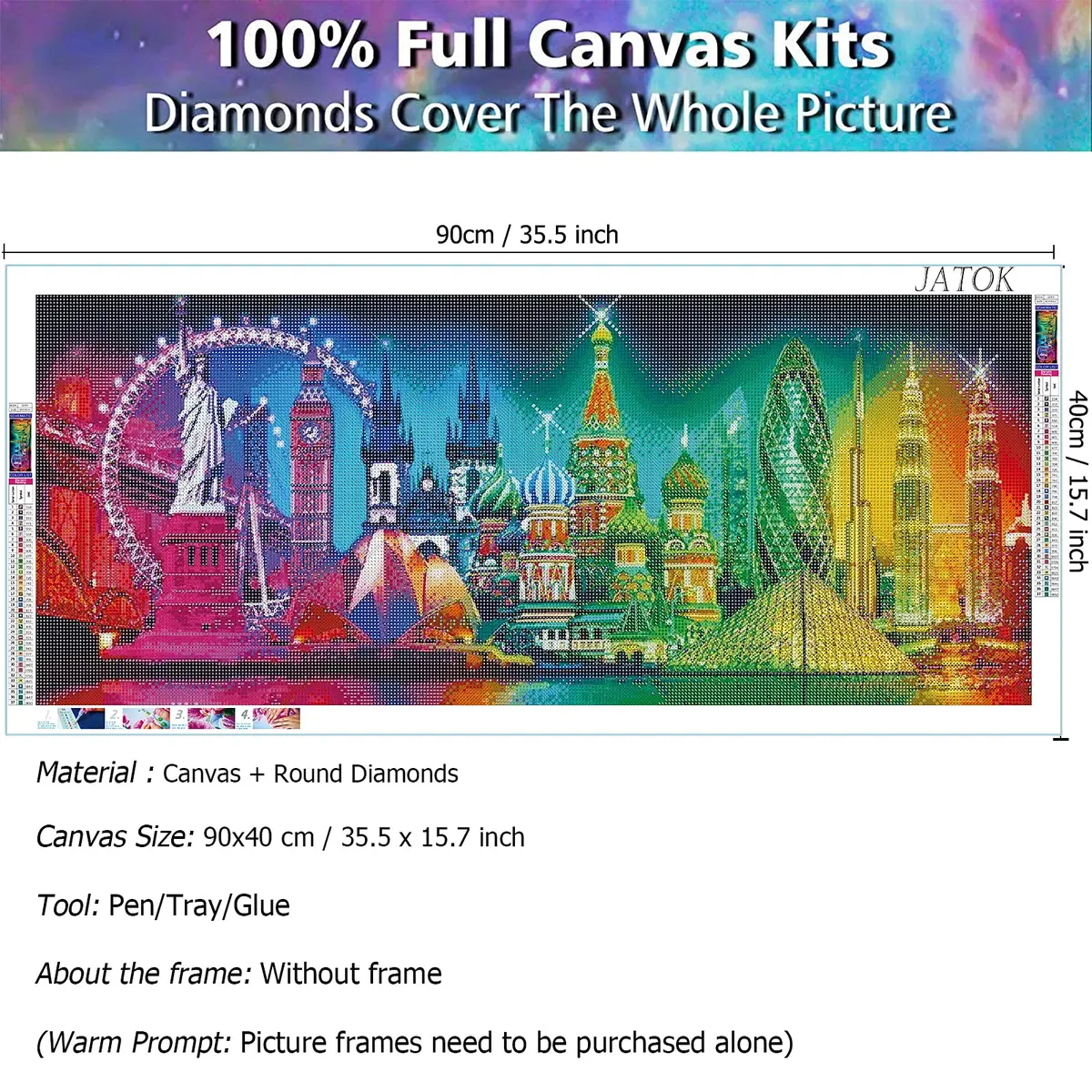 JATOK Diamond Painting Kit for Adults, NYC Night Landscape 90x40cm (35.5x15.7 in) | Full Round Drill Gem Art - view 5