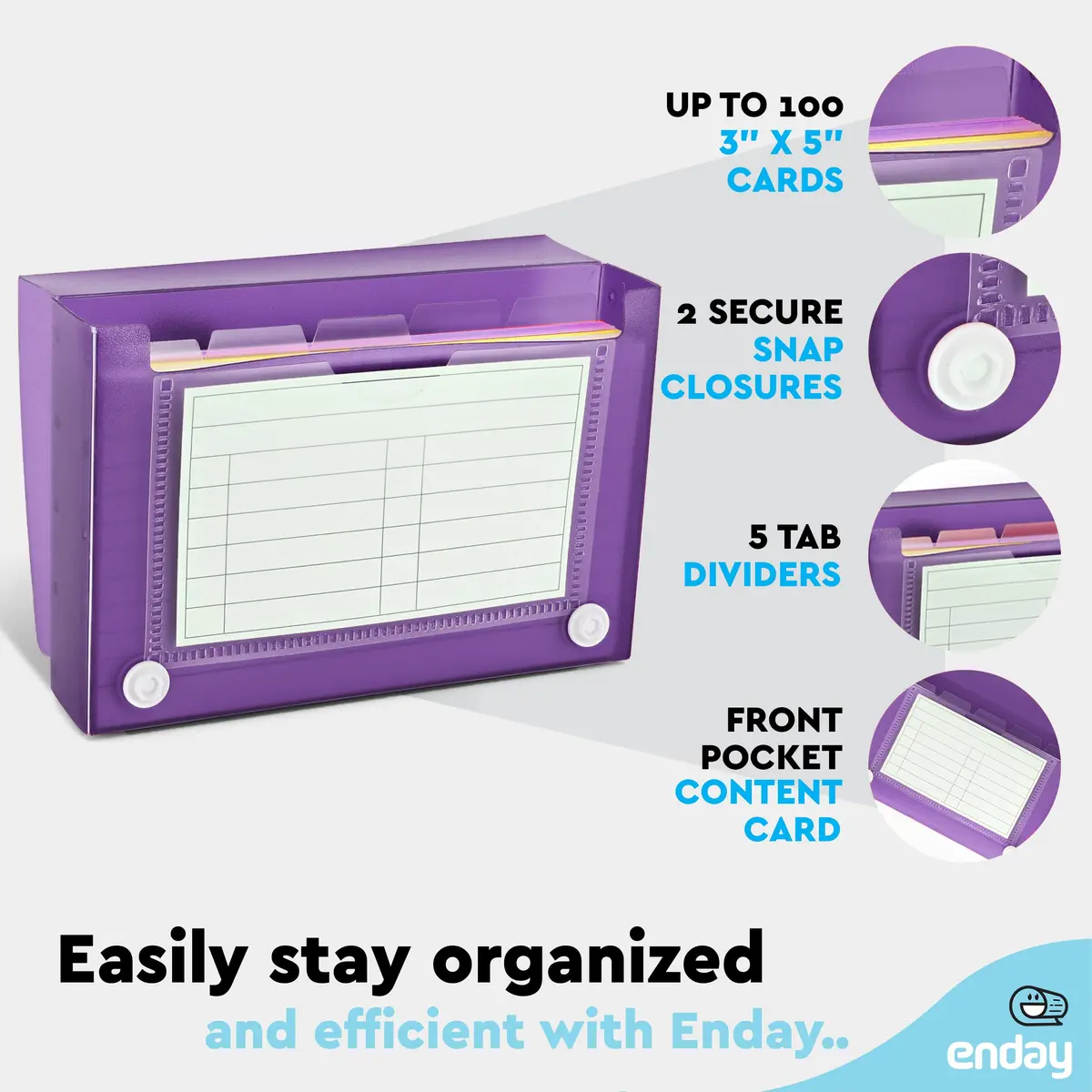 Enday Index Card Holder 3x5 | Durable Plastic Organizer with 5 Tab Dividers, Holds 100 Cards, Purple - view 3