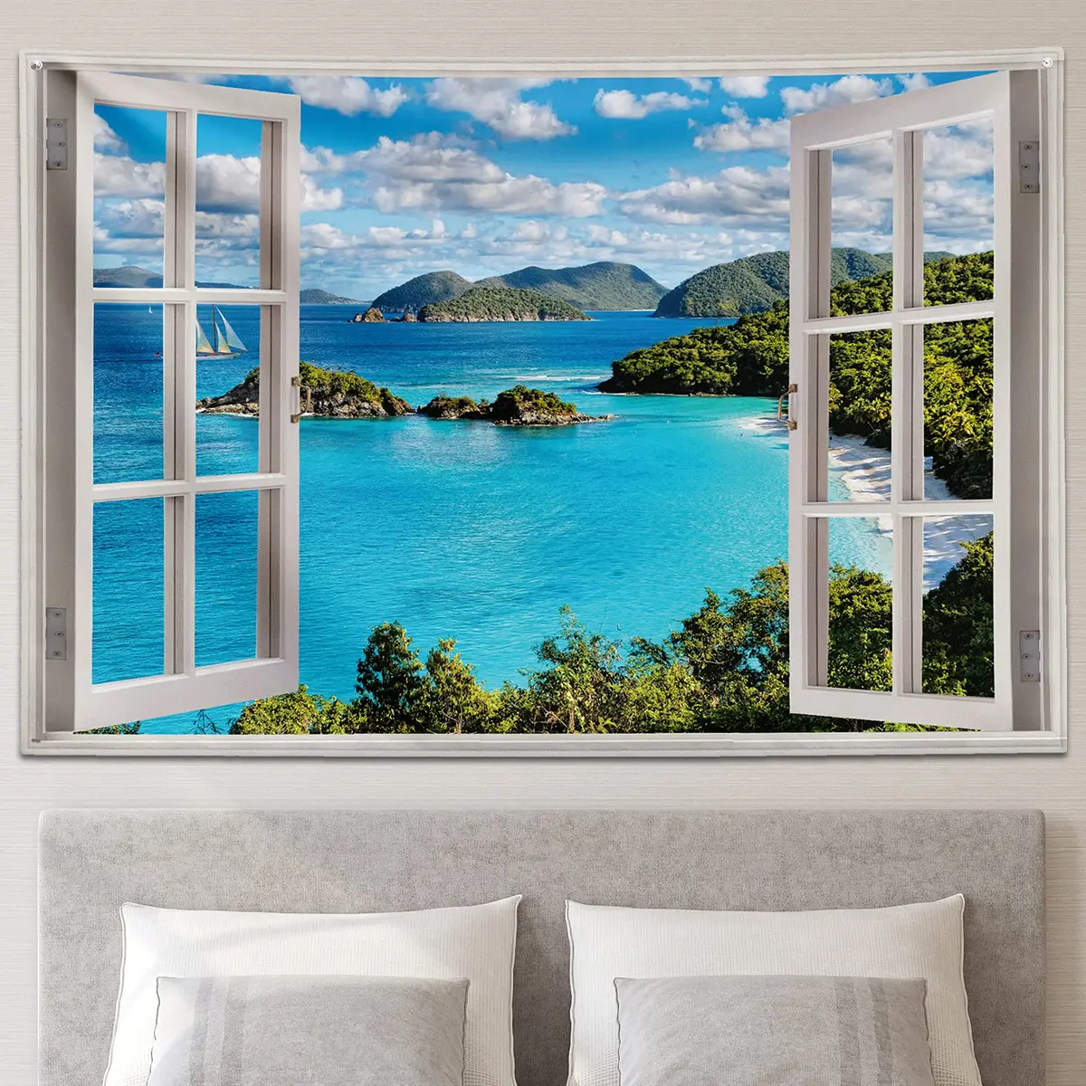 GOURIDA Nature Tapestry Blue Ocean Sea Beach Wall Hanging 61 x 41 inch | Tropical Island Seaside Decor - main product image