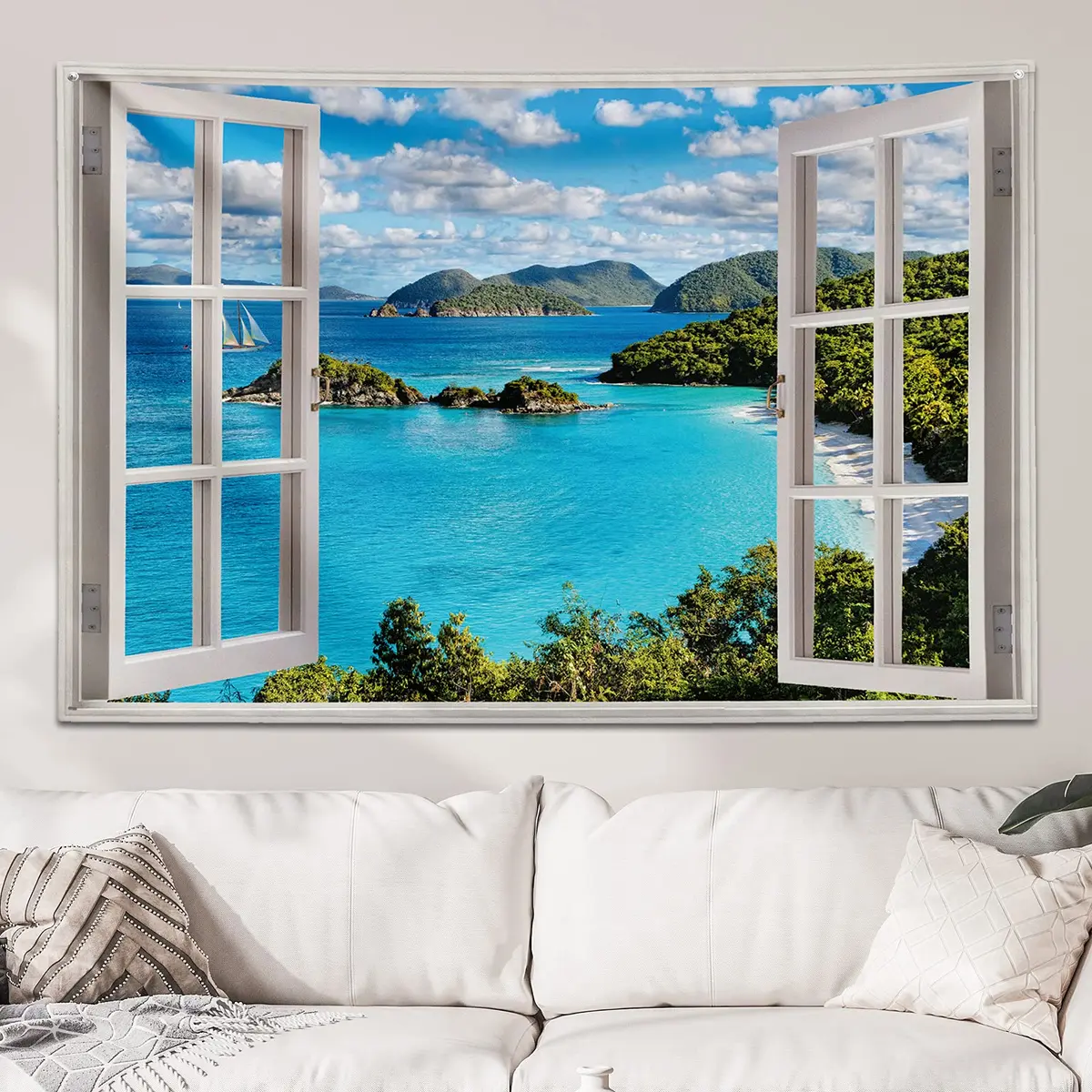 GOURIDA Nature Tapestry Blue Ocean Sea Beach Wall Hanging 61 x 41 inch | Tropical Island Seaside Decor - view 5
