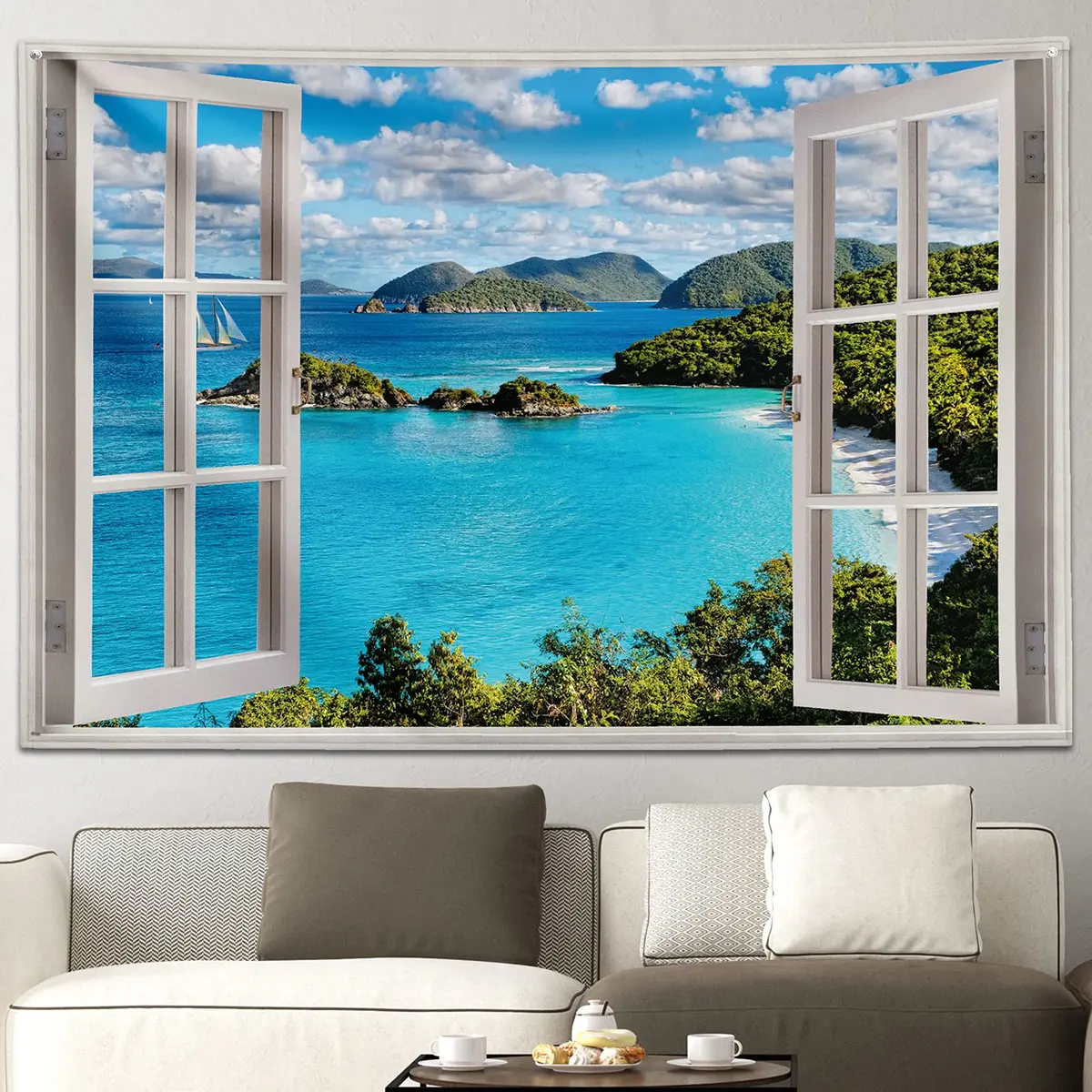GOURIDA Nature Tapestry Blue Ocean Sea Beach Wall Hanging 61 x 41 inch | Tropical Island Seaside Decor - view 3