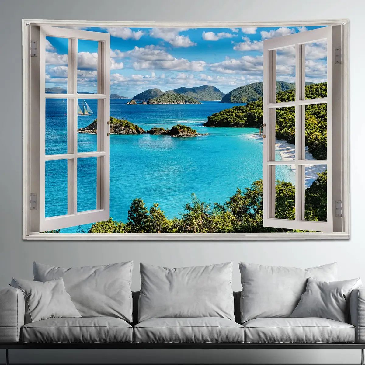 GOURIDA Nature Tapestry Blue Ocean Sea Beach Wall Hanging 61 x 41 inch | Tropical Island Seaside Decor - view 4