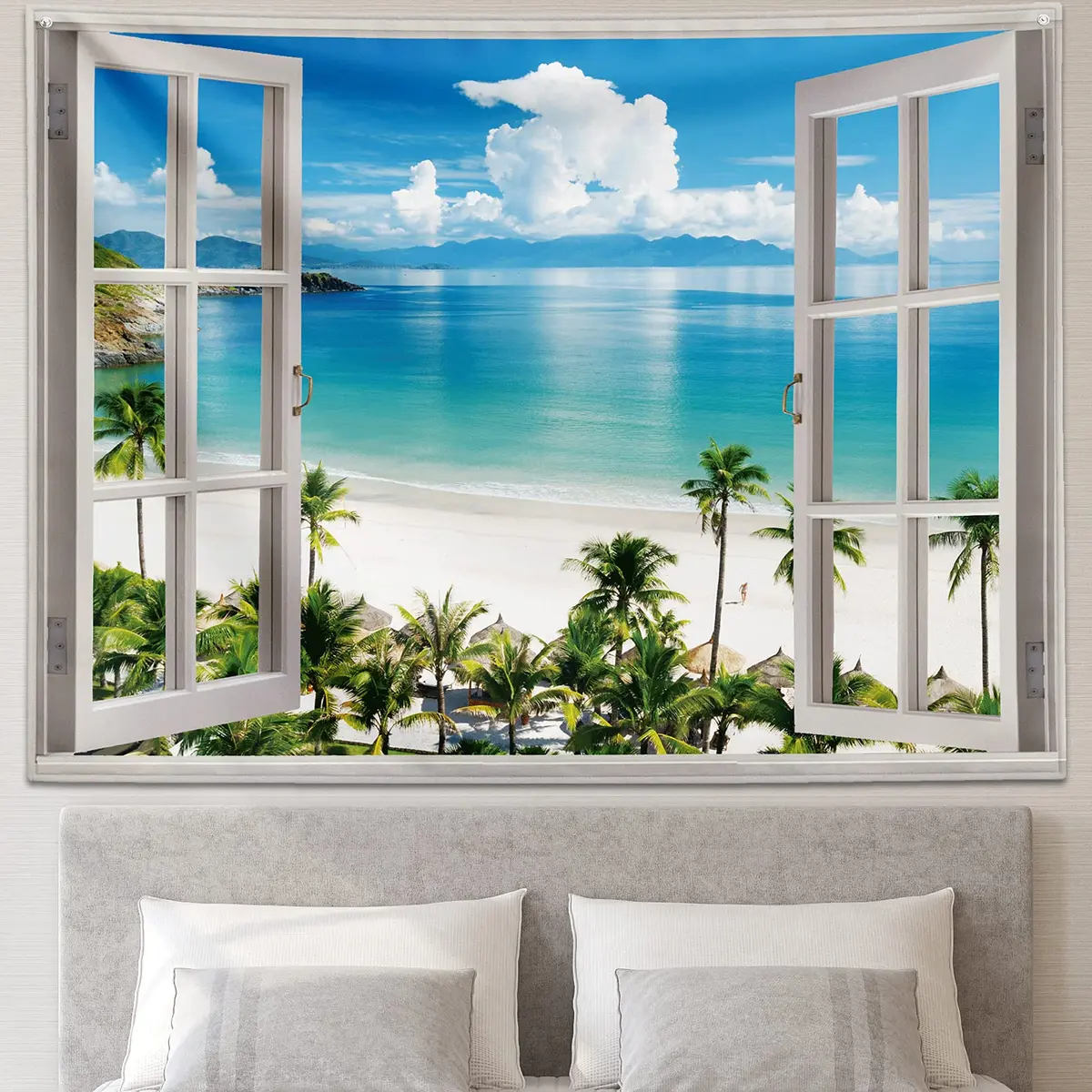 GOURIDA Beach Tapestry,Blue Ocean Sea Tropical Island Palm Tree Scenic View from Balcony Summer Scenery Wall Hanging 82x61 inch - main product image
