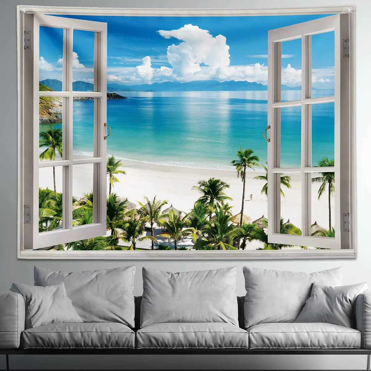 GOURIDA Beach Tapestry,Blue Ocean Sea Tropical Island Palm Tree Scenic View from Balcony Summer Scenery Wall Hanging 82x61 inch - view 5
