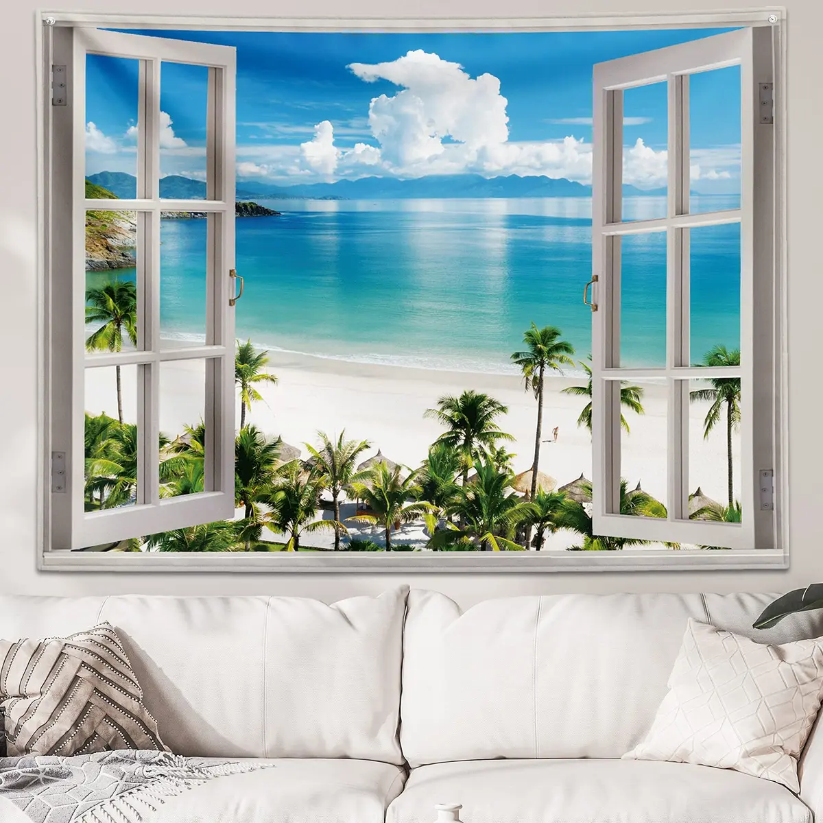 GOURIDA Beach Tapestry,Blue Ocean Sea Tropical Island Palm Tree Scenic View from Balcony Summer Scenery Wall Hanging 82x61 inch - view 6
