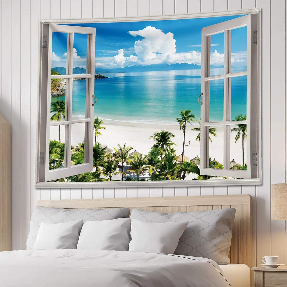GOURIDA Beach Tapestry,Blue Ocean Sea Tropical Island Palm Tree Scenic View from Balcony Summer Scenery Wall Hanging 82x61 inch - view 7