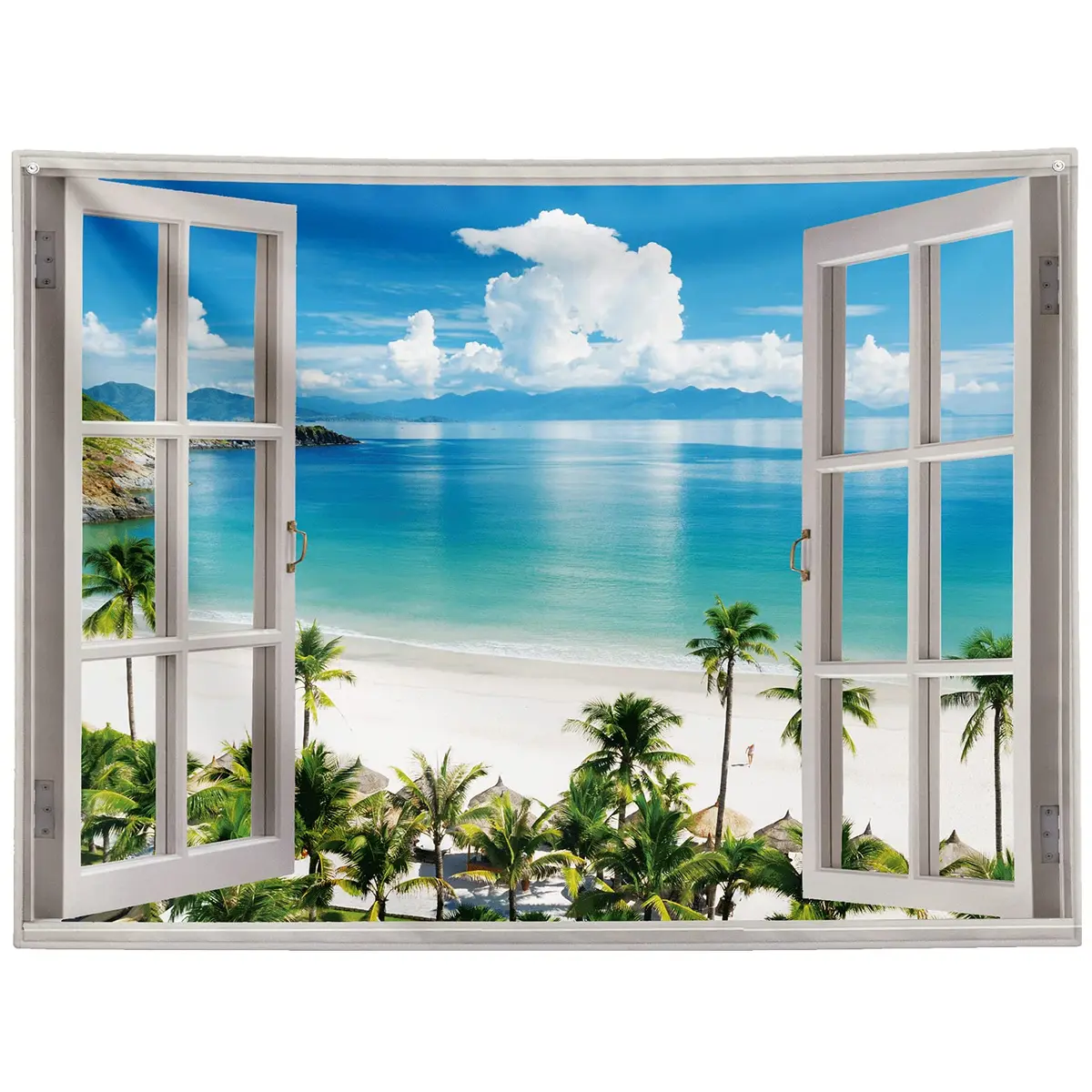 GOURIDA Beach Tapestry,Blue Ocean Sea Tropical Island Palm Tree Scenic View from Balcony Summer Scenery Wall Hanging 82x61 inch - view 2