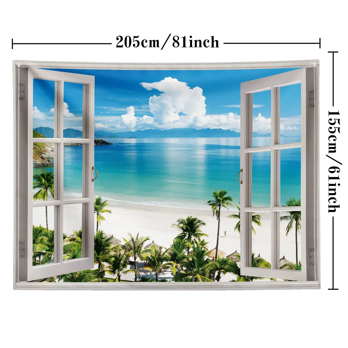 GOURIDA Beach Tapestry,Blue Ocean Sea Tropical Island Palm Tree Scenic View from Balcony Summer Scenery Wall Hanging 82x61 inch - view 3