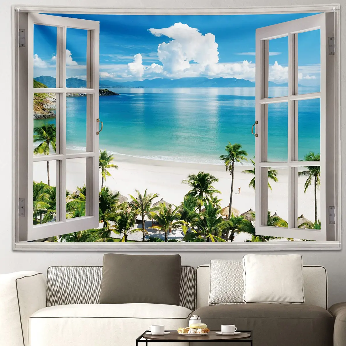 GOURIDA Beach Tapestry,Blue Ocean Sea Tropical Island Palm Tree Scenic View from Balcony Summer Scenery Wall Hanging 82x61 inch - view 4