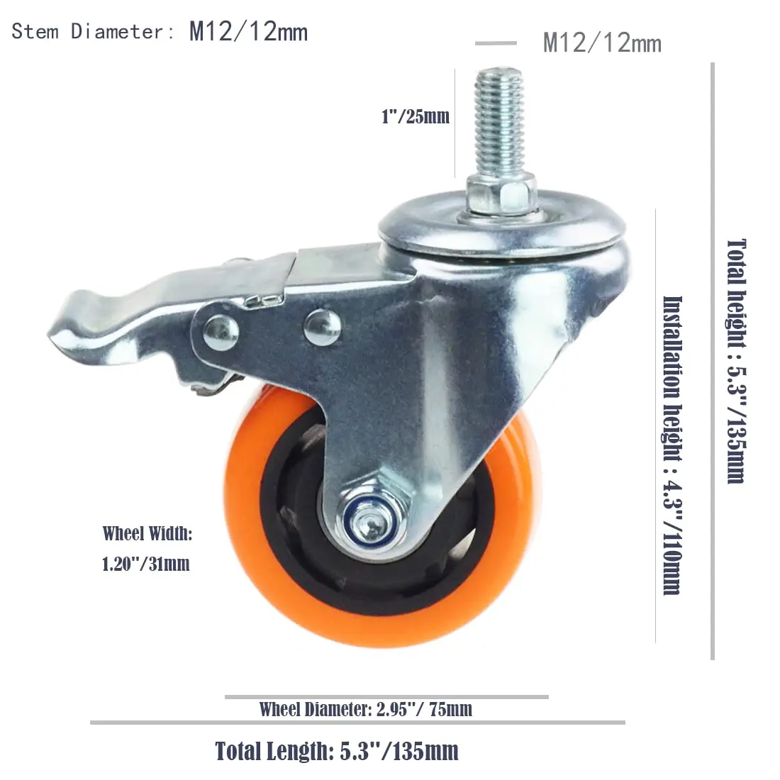 YEWEKE Heavy Duty Swivel Wheels 3 Inch Yellow PVC Casters M12-1.75x25mm | Up to 1200 Lbs Industrial & Furniture Casters - view 6