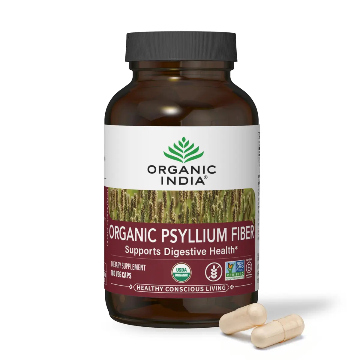 ORGANIC INDIA Psyllium Husk Capsules 180 Count | Vegan Fiber Supplement for Healthy Digestion - main product image