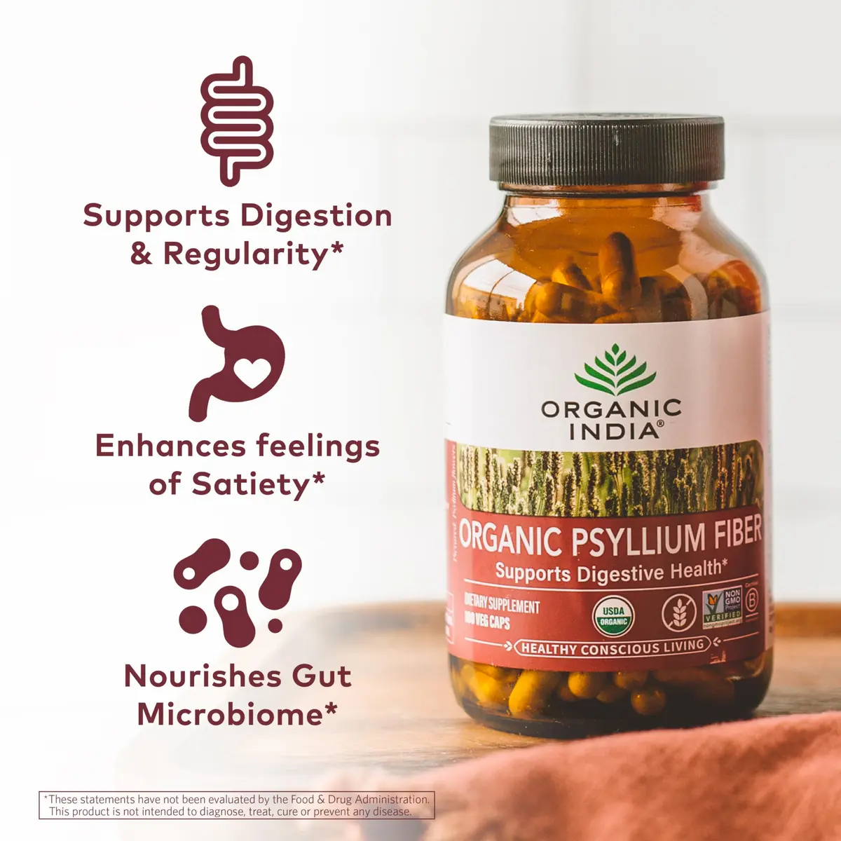 ORGANIC INDIA Psyllium Husk Capsules 180 Count | Vegan Fiber Supplement for Healthy Digestion - view 2