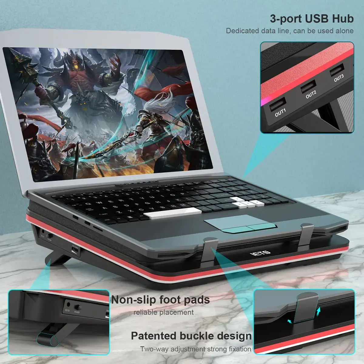 IETS GT500 Laptop Cooling Pad with Turbo-Fan & USB Hub | 13-17.3inch, 5000 RPM, Variable Speed, Metal - view 4