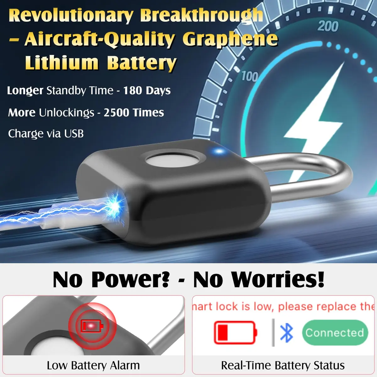 Pothunder Fingerprint Padlock Black | Smart APP Unlock, USB Rechargeable Locker Lock for Gym Doors - view 5
