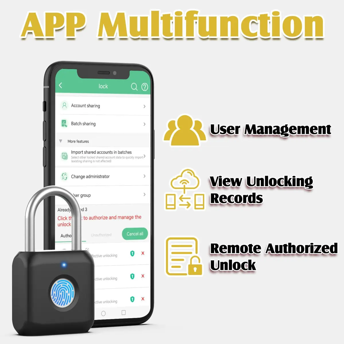 Pothunder Fingerprint Padlock Black | Smart APP Unlock, USB Rechargeable Locker Lock for Gym Doors - view 7