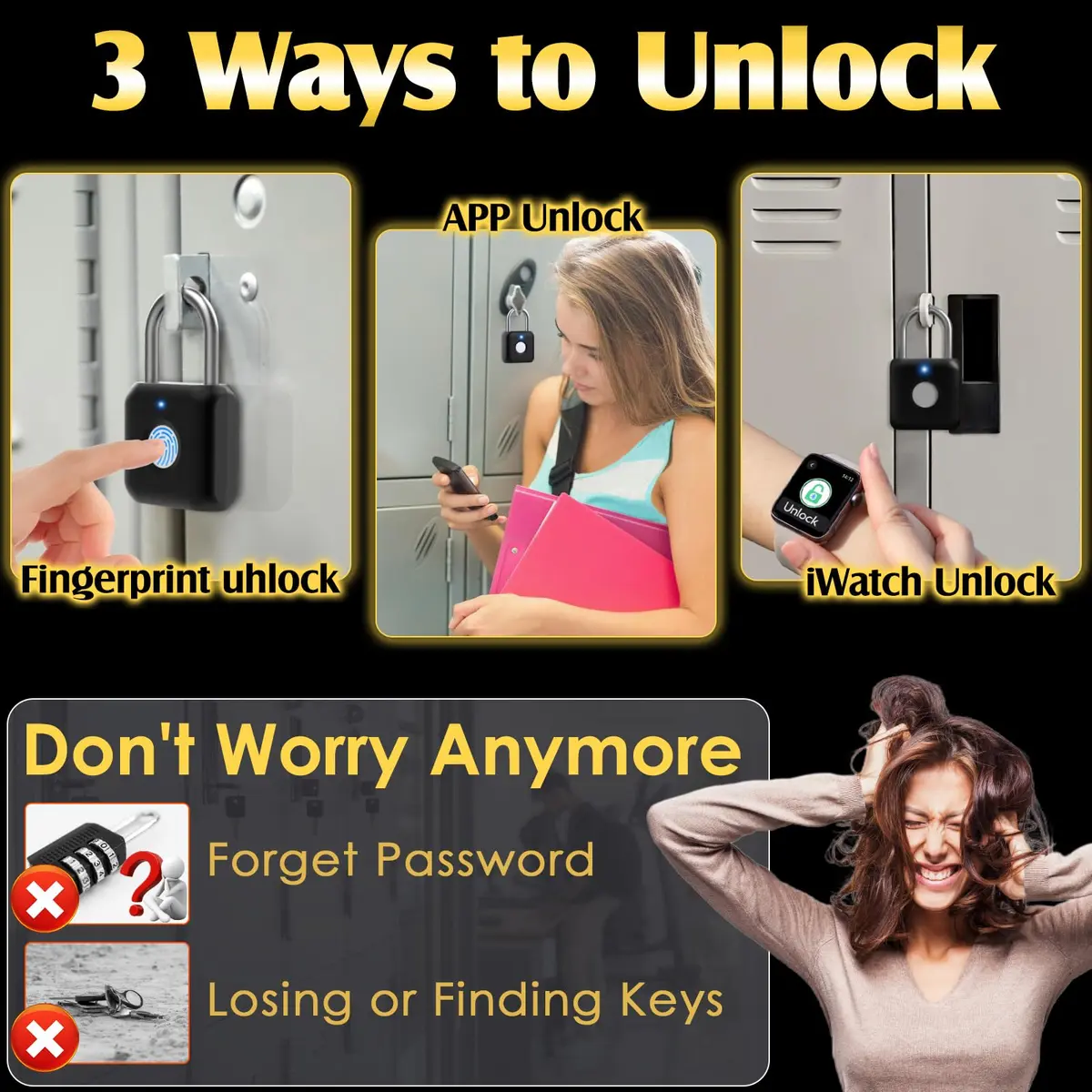 Pothunder Fingerprint Padlock Black | Smart APP Unlock, USB Rechargeable Locker Lock for Gym Doors - view 2