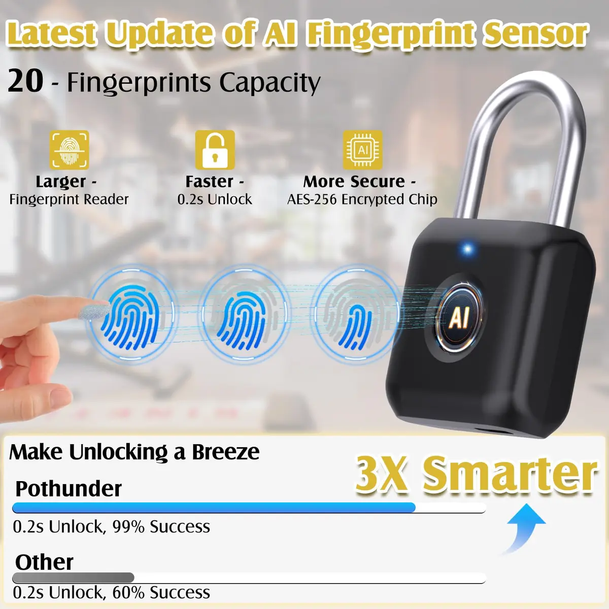 Pothunder Fingerprint Padlock Black | Smart APP Unlock, USB Rechargeable Locker Lock for Gym Doors - view 3