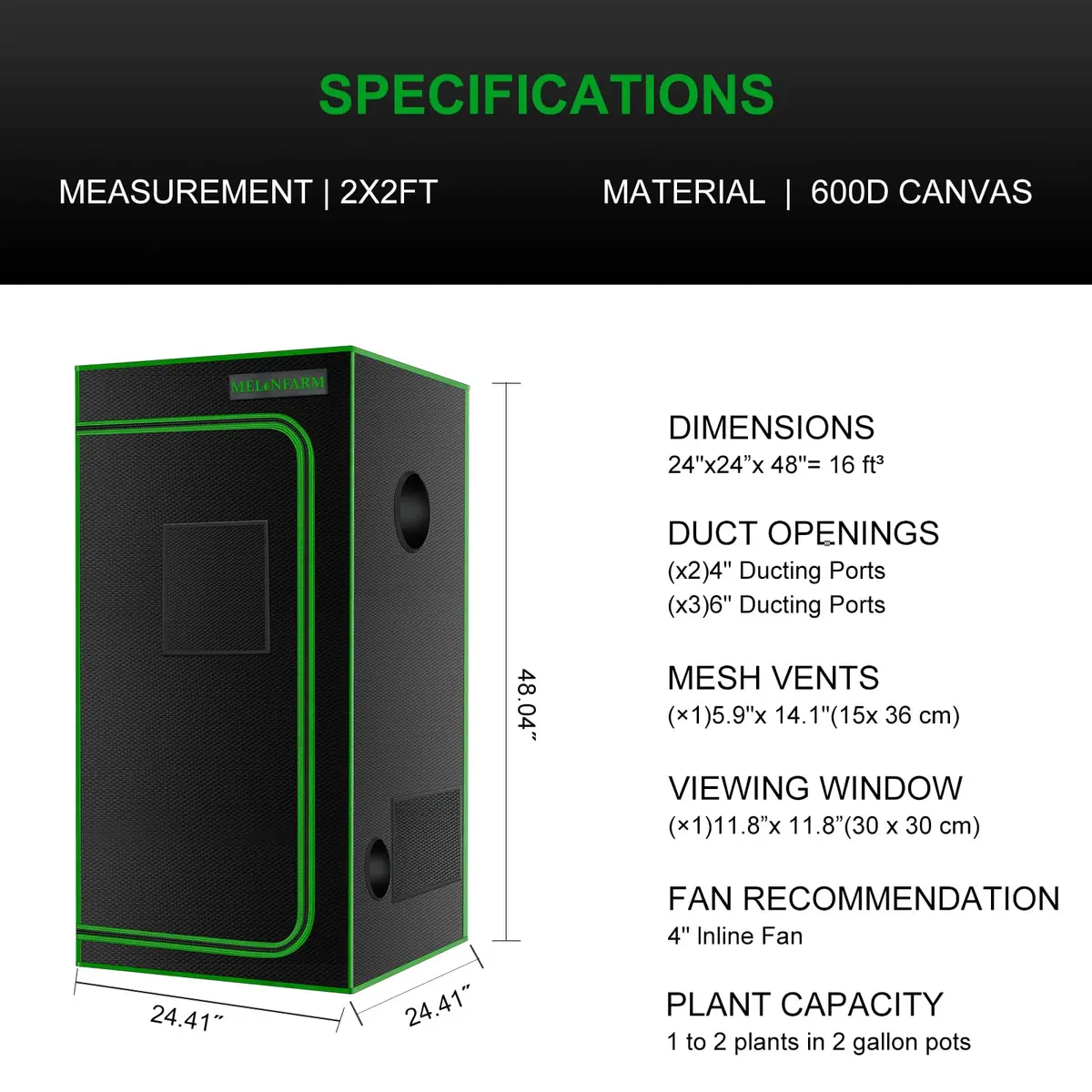 MELONFARM 2x2 Grow Tent 24"x24"x48" | High Reflective 600D Diamond Mylar for Indoor Plants - view 7