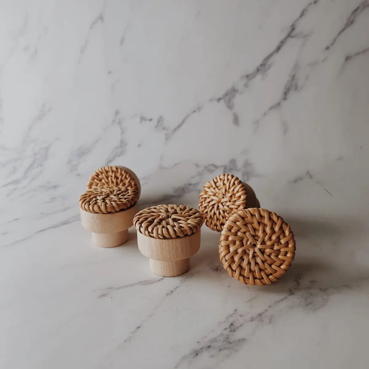 BOHOIFY 6pc Caramel Rattan Knobs | Handmade Boho Wicker Woven Decorative Pulls for Dresser, Drawers, Cabinet - view 2