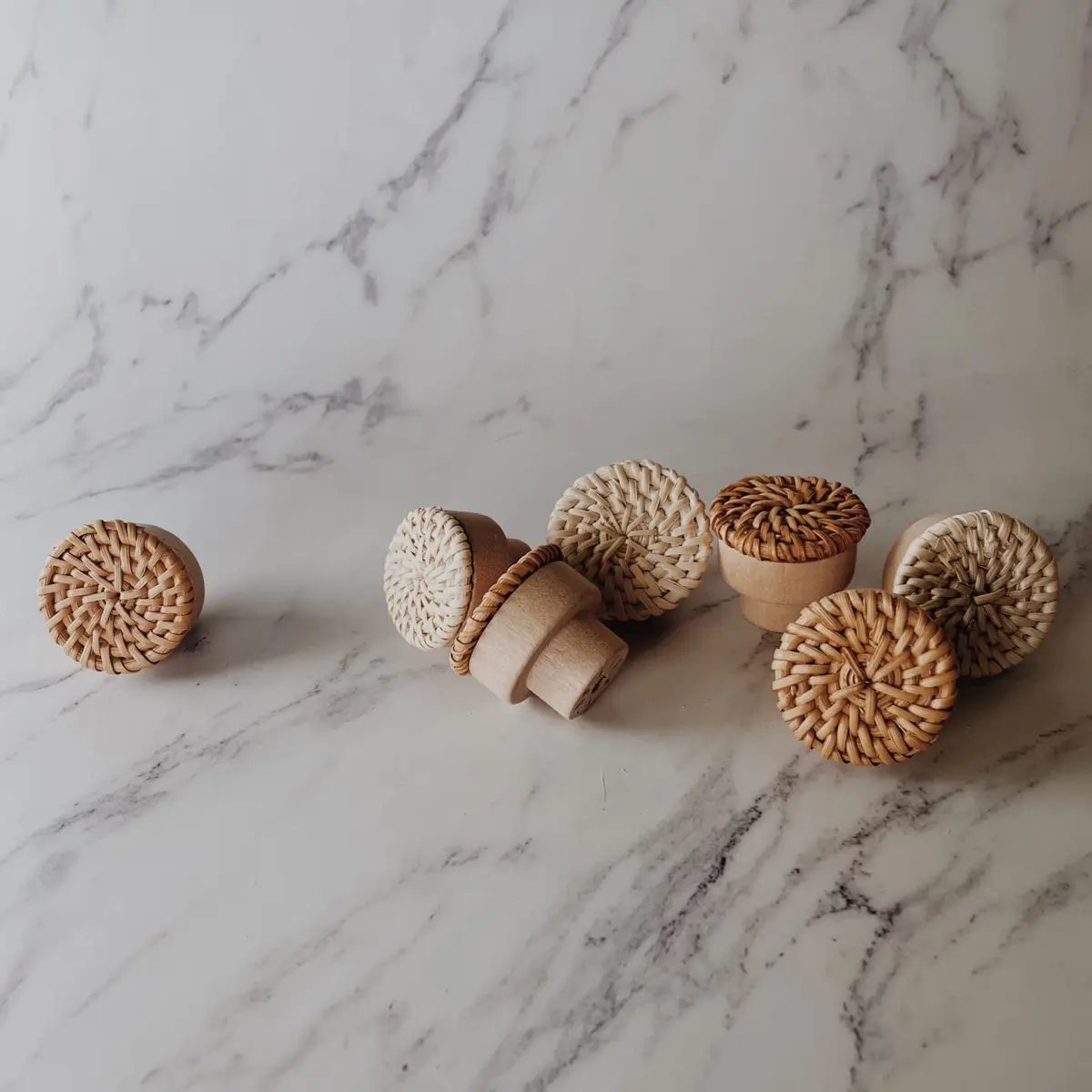 BOHOIFY 6pc Caramel Rattan Knobs | Handmade Boho Wicker Woven Decorative Pulls for Dresser, Drawers, Cabinet - view 3