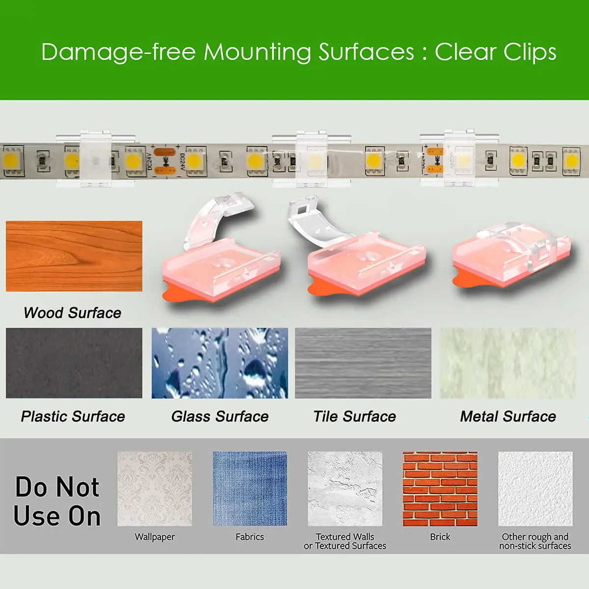ATB- LED Strip Light Mounting Brackets 100 Pack | Dual Installation for 8-10mm Width Strips - view 8