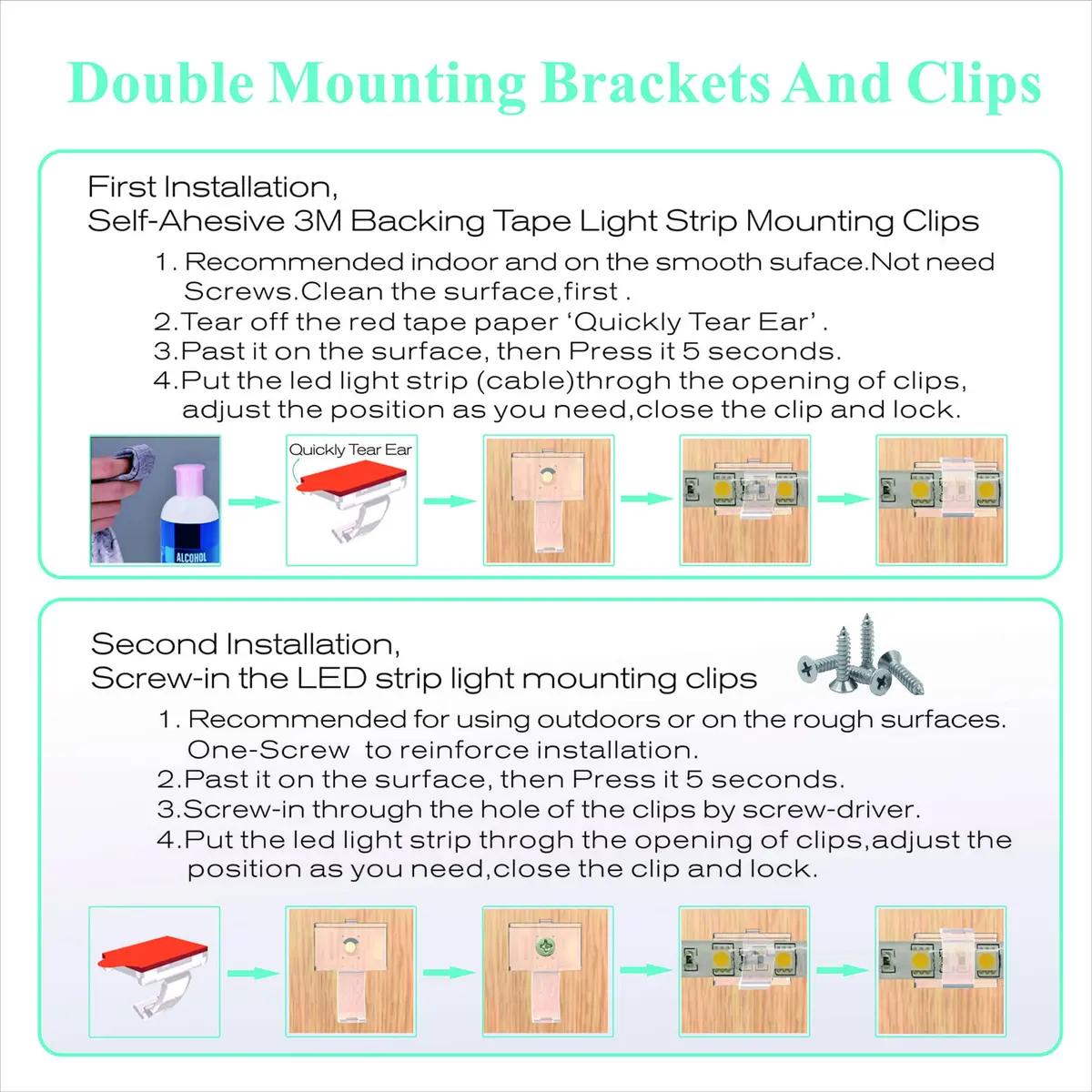 ATB- LED Strip Light Mounting Brackets 100 Pack | Dual Installation for 8-10mm Width Strips - view 3