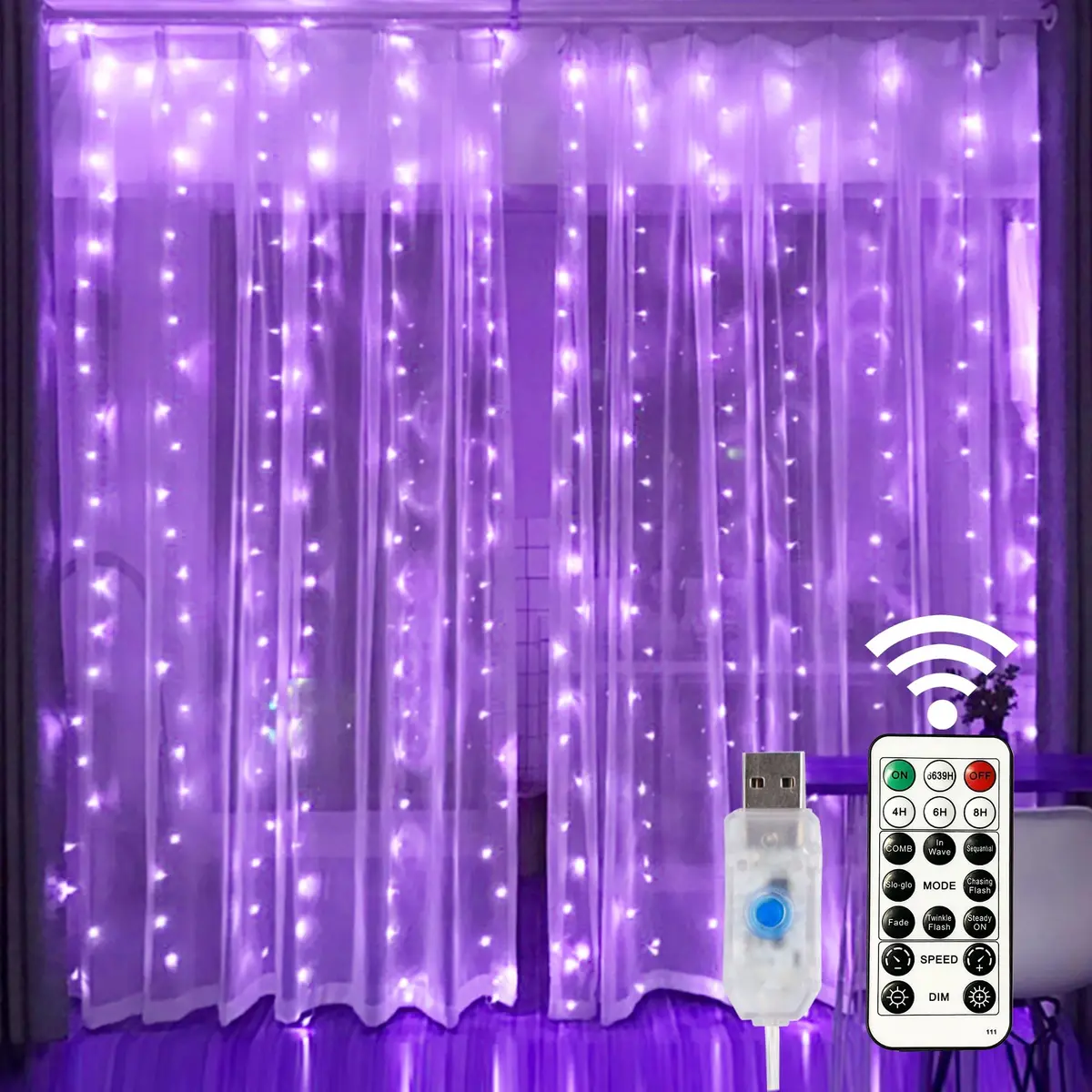 HOME LIGHTING Window Curtain String Lights, 300 LED Purple | 8 Modes, USB Powered, Indoor & Outdoor (70-120c) - main product image