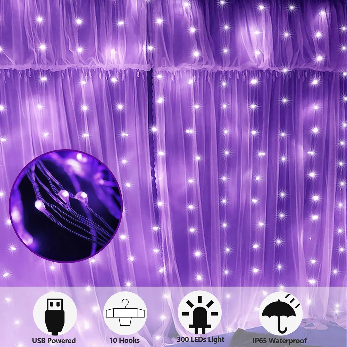 HOME LIGHTING Window Curtain String Lights, 300 LED Purple | 8 Modes, USB Powered, Indoor & Outdoor (70-120c) - view 2