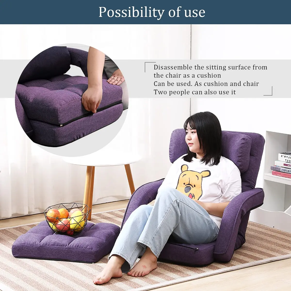 FLOGUOR Floor Chair Purple | 14-Position Adjustable Lazy Sofa with Armrests & Pillow - view 6