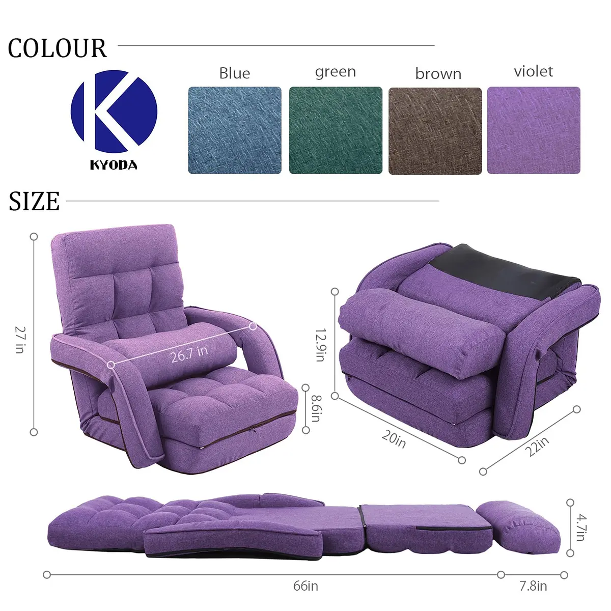 FLOGUOR Floor Chair Purple | 14-Position Adjustable Lazy Sofa with Armrests & Pillow - view 7