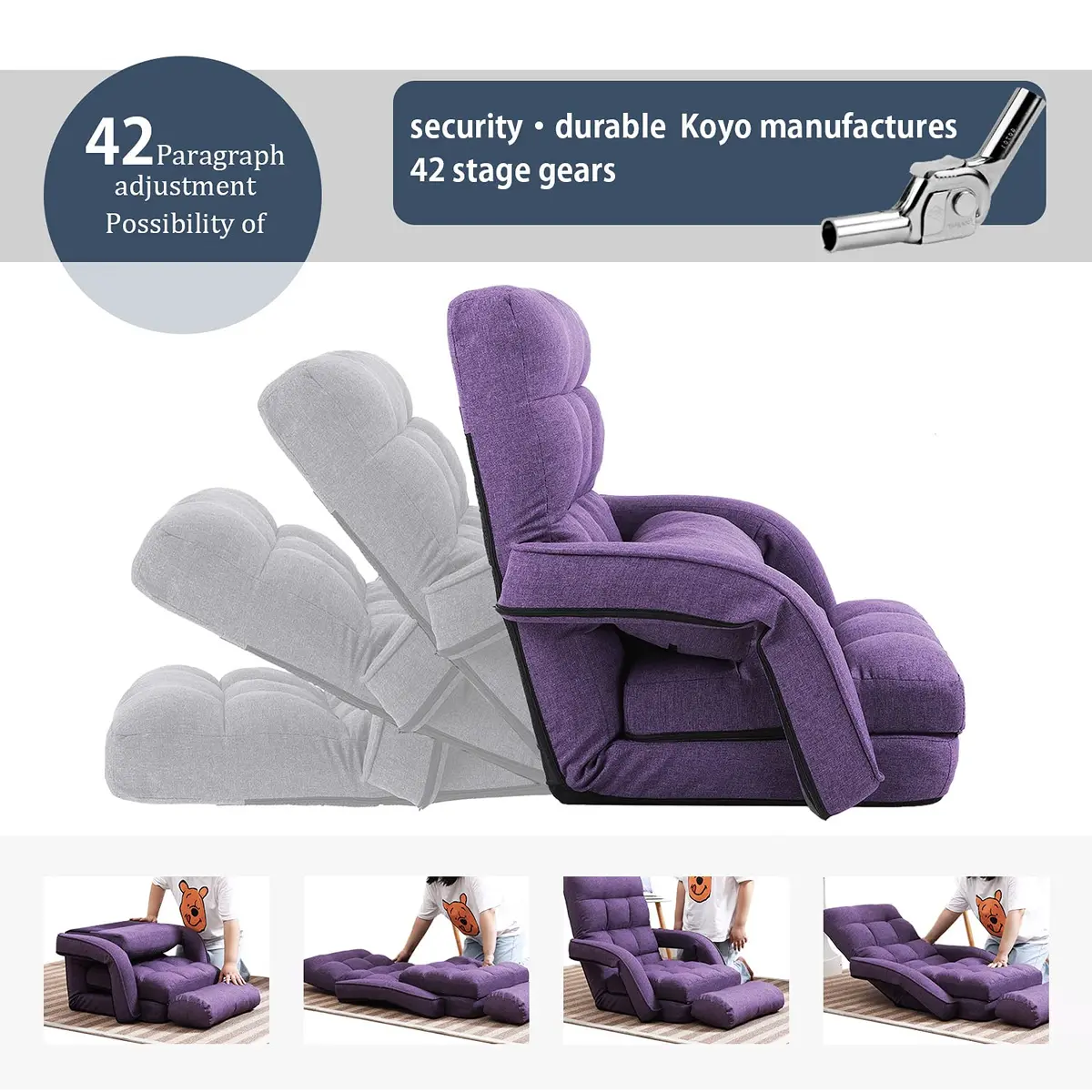 FLOGUOR Floor Chair Purple | 14-Position Adjustable Lazy Sofa with Armrests & Pillow - view 3