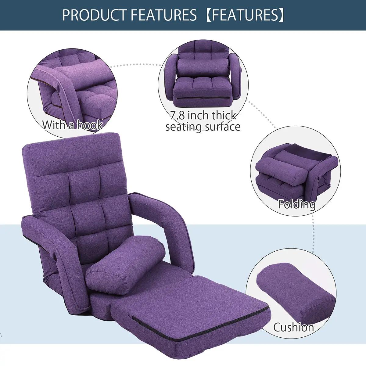 FLOGUOR Floor Chair Purple | 14-Position Adjustable Lazy Sofa with Armrests & Pillow - view 4