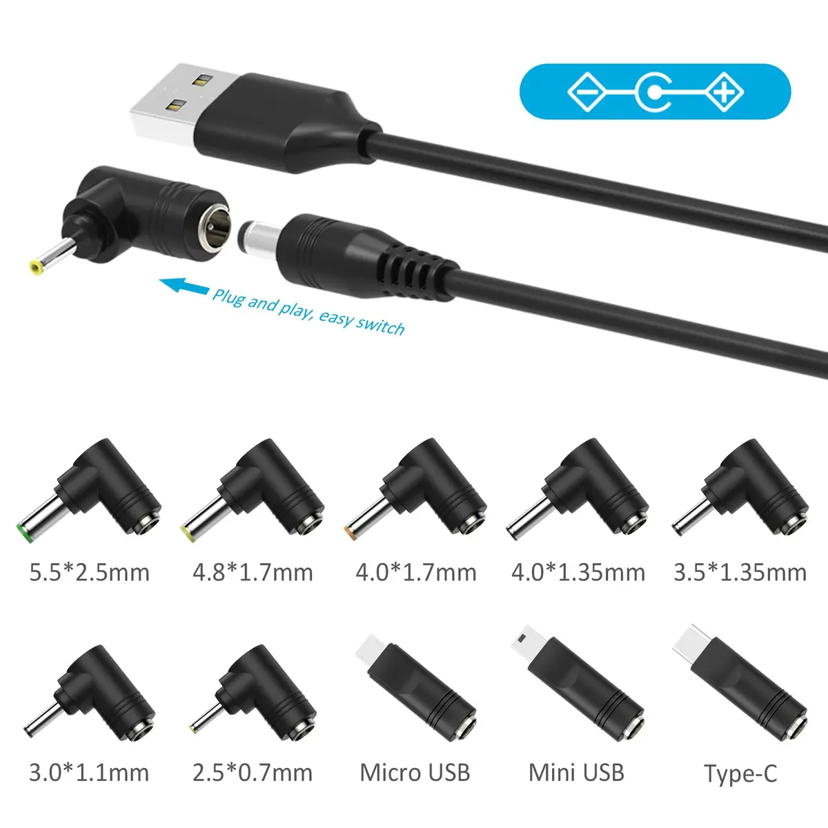 Belker 5V USB to DC Power Cable 1.5m (5ft) with 10 Universal Tips | 5V DC Power Cable for Routers, LED Lights, Speakers - view 2