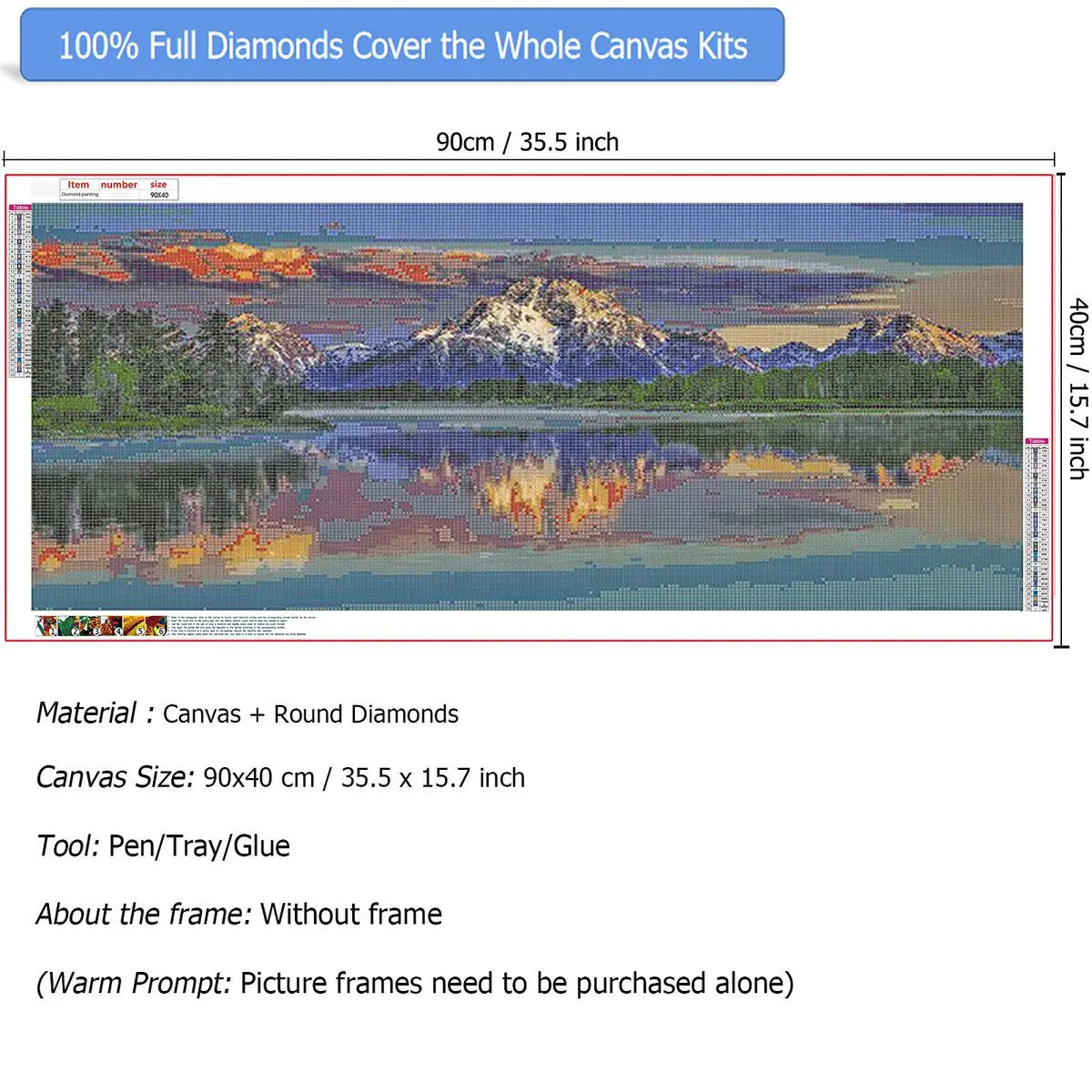 JATOK Diamond Painting Kit for Adults, Mount Moran at Dusk, 90x40cm (35.5x15.7 in) | Full Round Drill HD Canvas - view 9