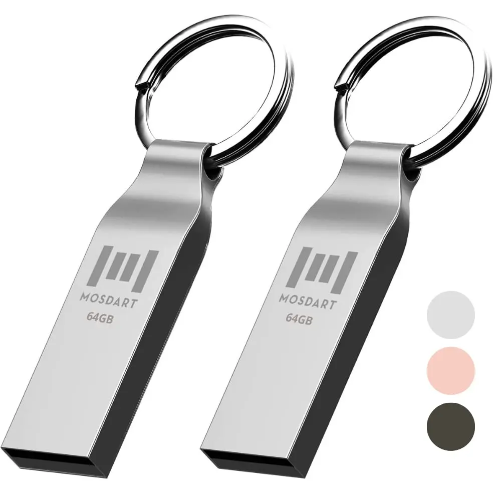 mosDART 2pcs 64GB Metal USB 2.0 Flash Drive Waterproof with Keychain, Silver | Compact Data Storage - main product image